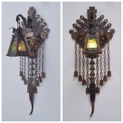 Spanish Revival lantern sconce/wall light, copper & glass, 1970`s ca, Spanish